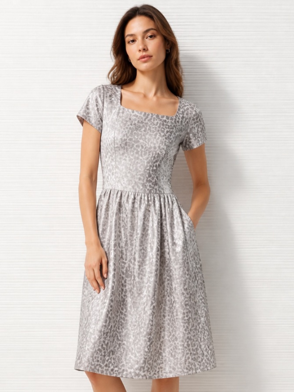 J MCLAUGHLIN Dress Catalina Cloth Emma Square Neck Animal Taupe White Pockets